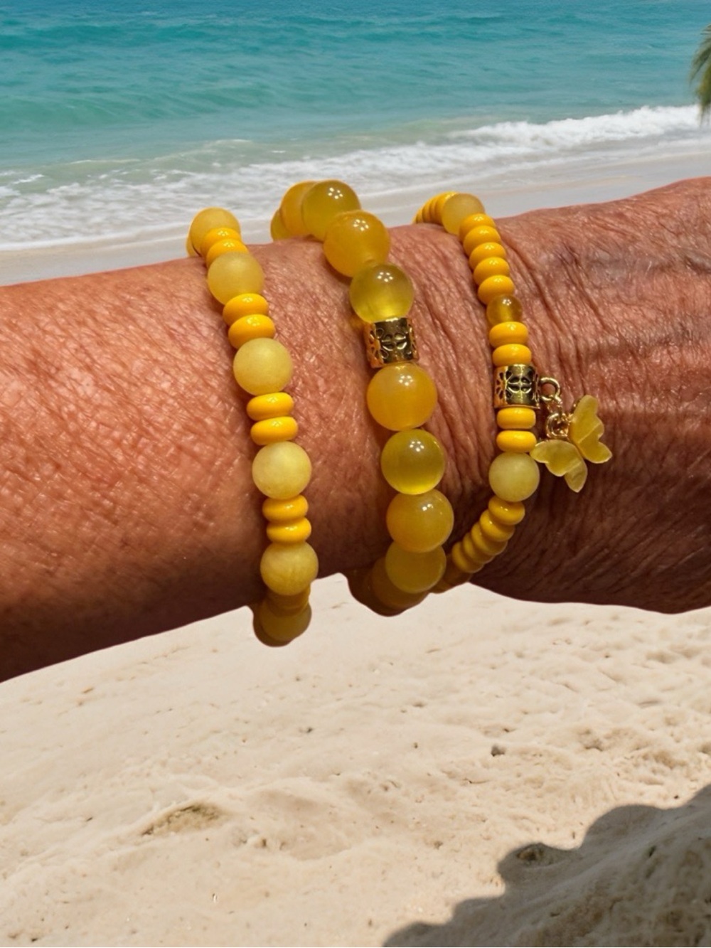 Hand Crafted Yellow Beaded Bracelet Set with Gold Accent Butterfly